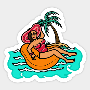 Young female woman in floatie beach summer tropical island Sticker